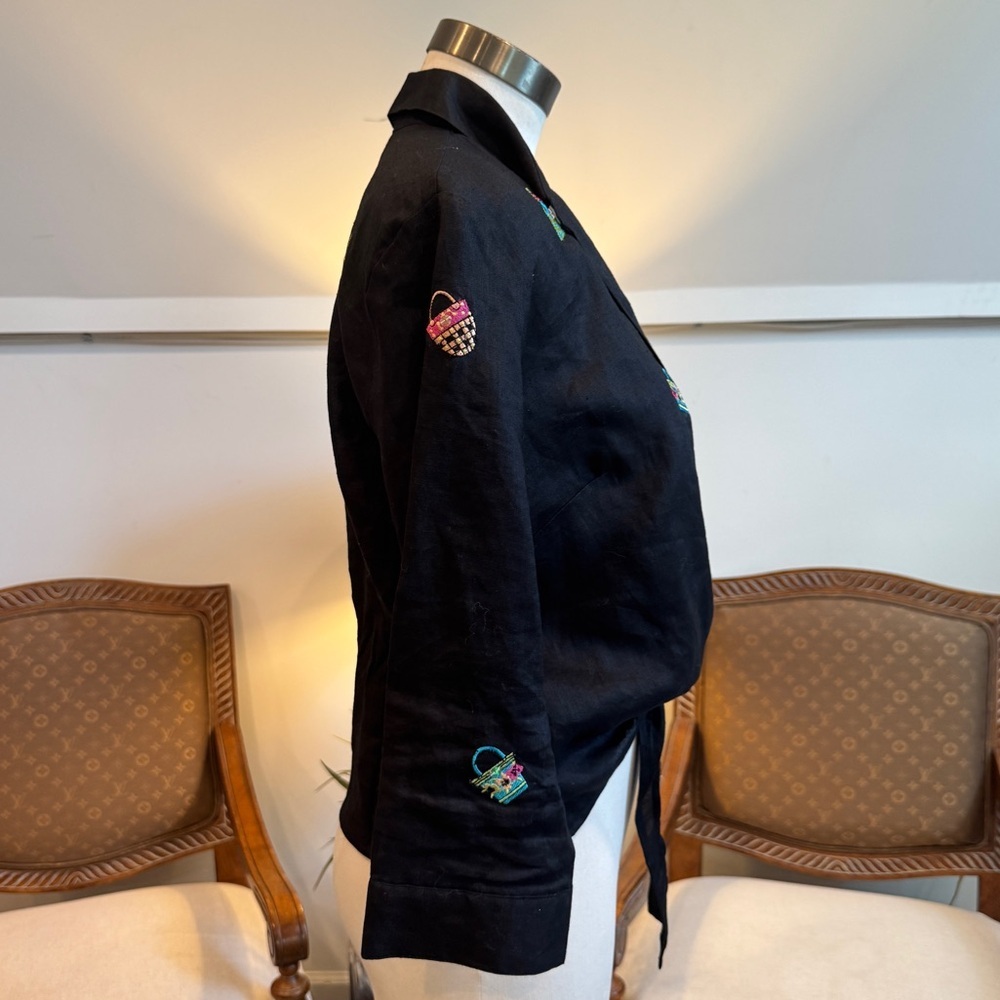 Vintage 90s Black 100% Irish Linen Tie Front Blouse Cropped Embroidered Purses - Picture 5 of 7